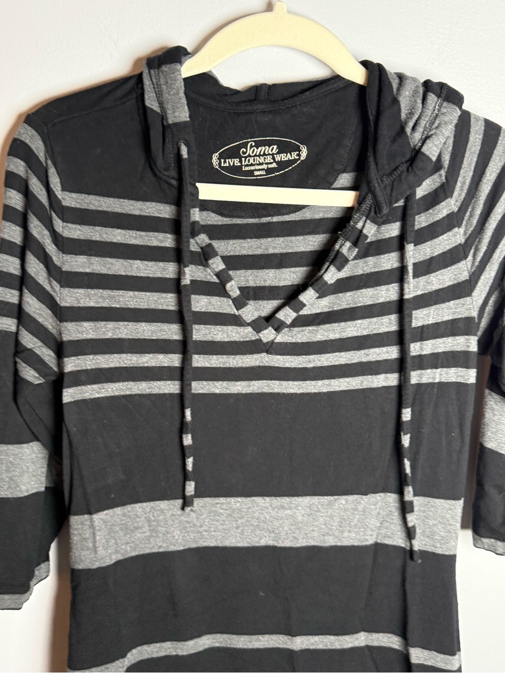 Soma Black and Gray Striped Hooded Lounge Top with V-Neck - Picture 3 of 10